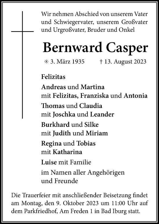 Traueranzeige von Bernward Casper von Neue Osnabrücker Zeitung GmbH & Co. KG