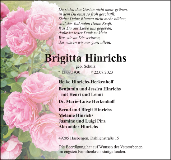 Traueranzeige von Brigitta Hinrichs von Neue Osnabrücker Zeitung GmbH & Co. KG