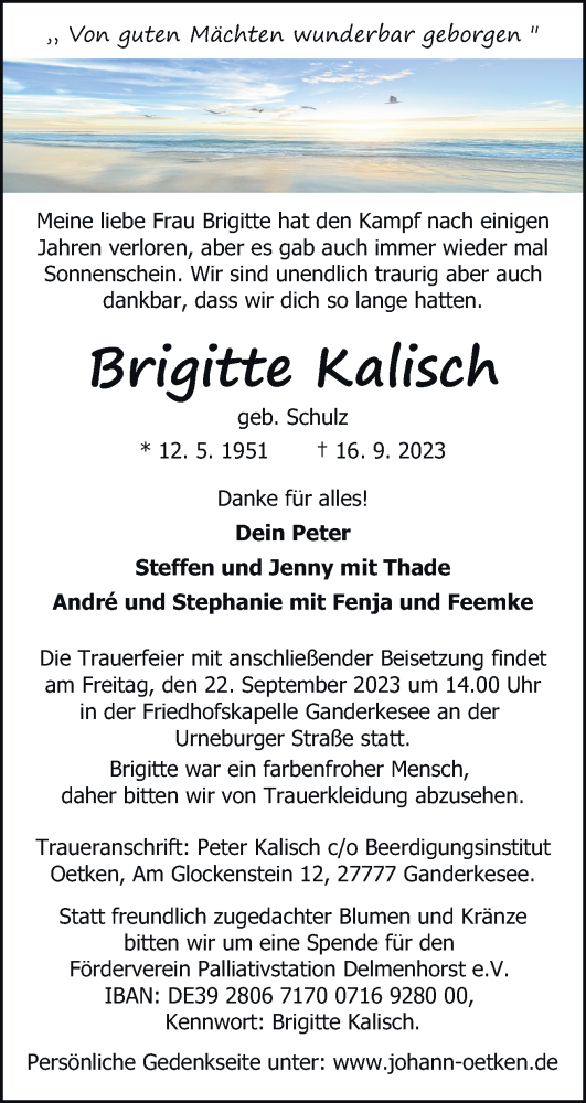  Traueranzeige für Brigitte Kalisch vom 19.09.2023 aus DK Medien GmbH & Co. KG