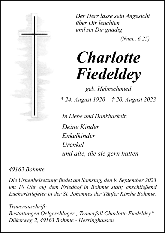 Traueranzeige von Charlotte Fiedeldey von Neue Osnabrücker Zeitung GmbH & Co. KG