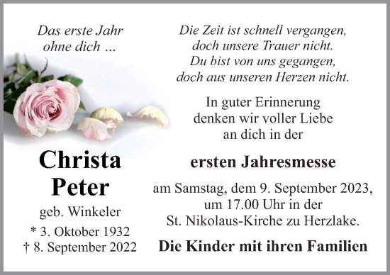 Traueranzeige von Christa Peter von Neue Osnabrücker Zeitung GmbH & Co. KG