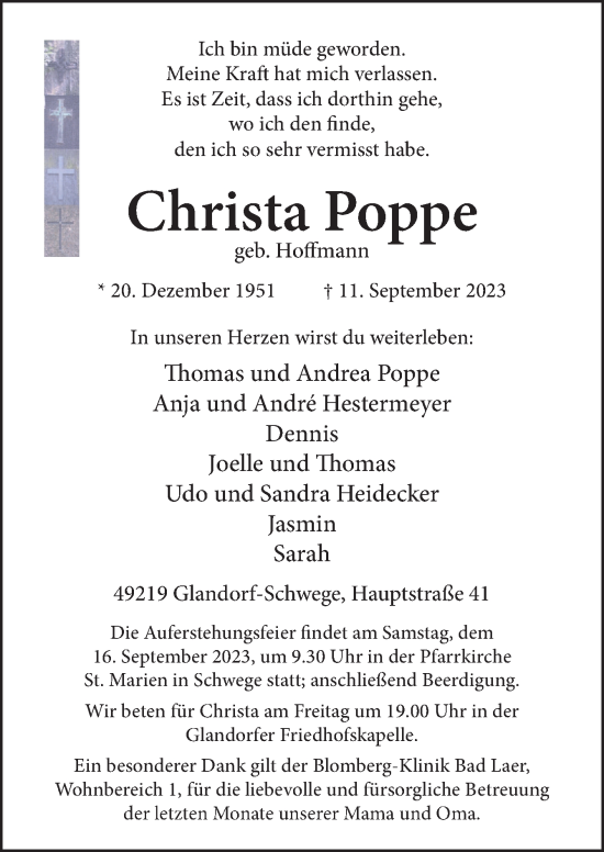 Traueranzeige von Christa Poppe von Neue Osnabrücker Zeitung GmbH & Co. KG