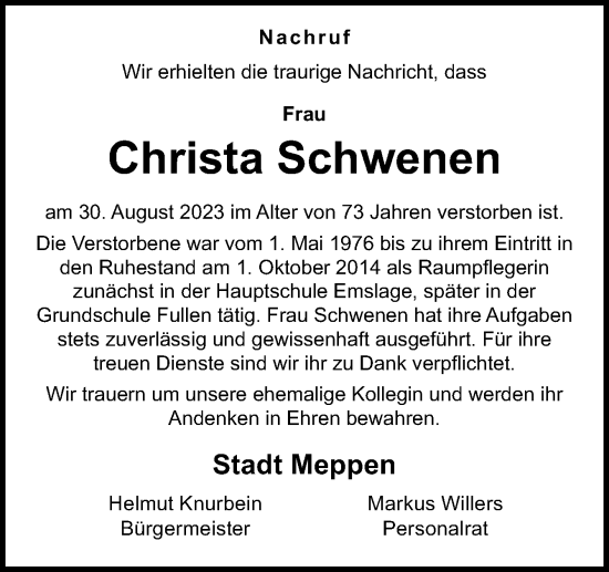 Traueranzeige von Christa Schwenen von Neue Osnabrücker Zeitung GmbH & Co. KG