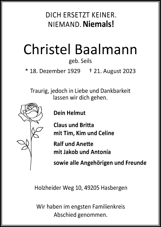 Traueranzeige von Christel Baalmann von Neue Osnabrücker Zeitung GmbH & Co. KG