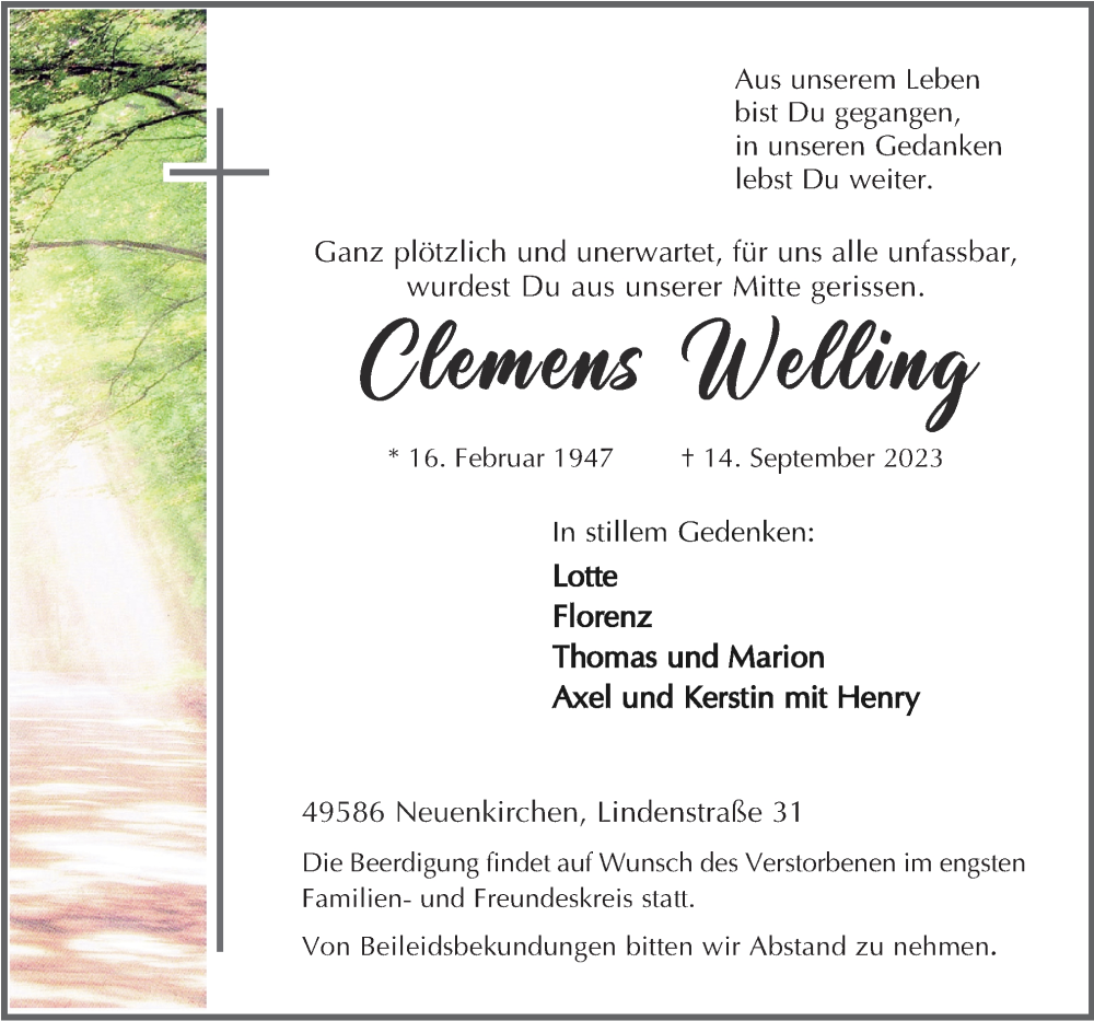  Traueranzeige für Clemens Welling vom 16.09.2023 aus Neue Osnabrücker Zeitung GmbH & Co. KG