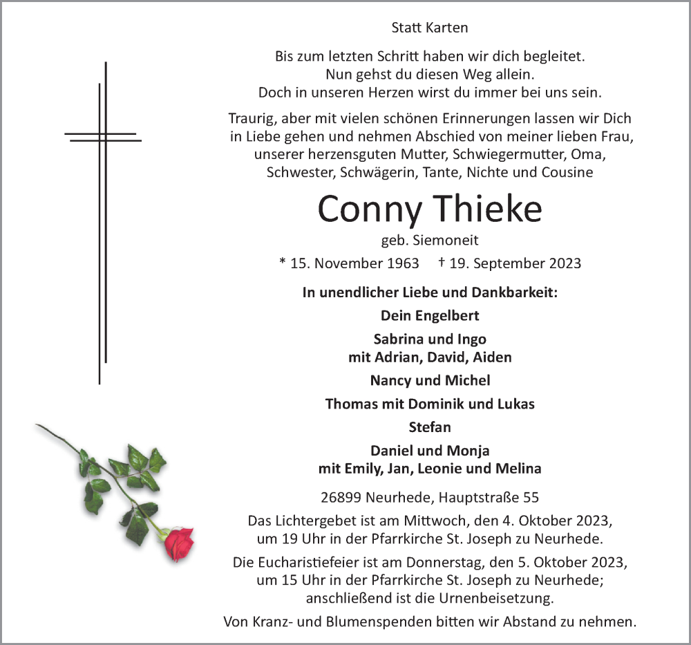  Traueranzeige für Conny Thieke vom 23.09.2023 aus Neue Osnabrücker Zeitung GmbH & Co. KG