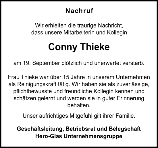 Traueranzeige von Conny Thieke von Neue Osnabrücker Zeitung GmbH & Co. KG