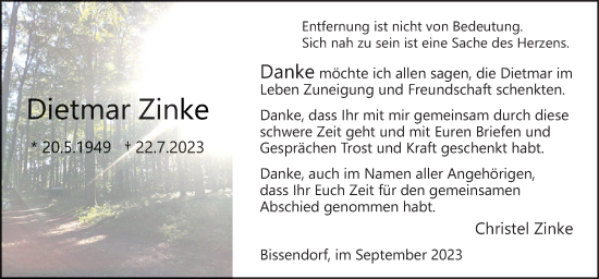 Traueranzeige von Dietmar Zinke von Neue Osnabrücker Zeitung GmbH & Co. KG