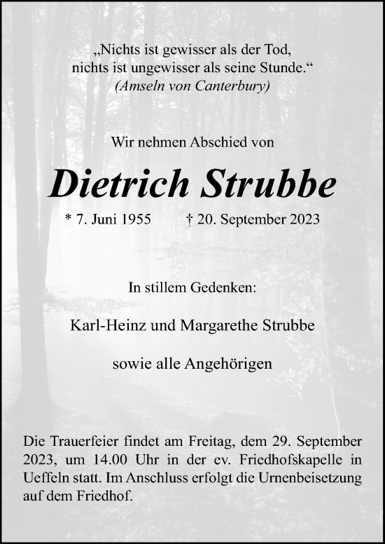 Traueranzeige von Dietrich Strubbe von Neue Osnabrücker Zeitung GmbH & Co. KG