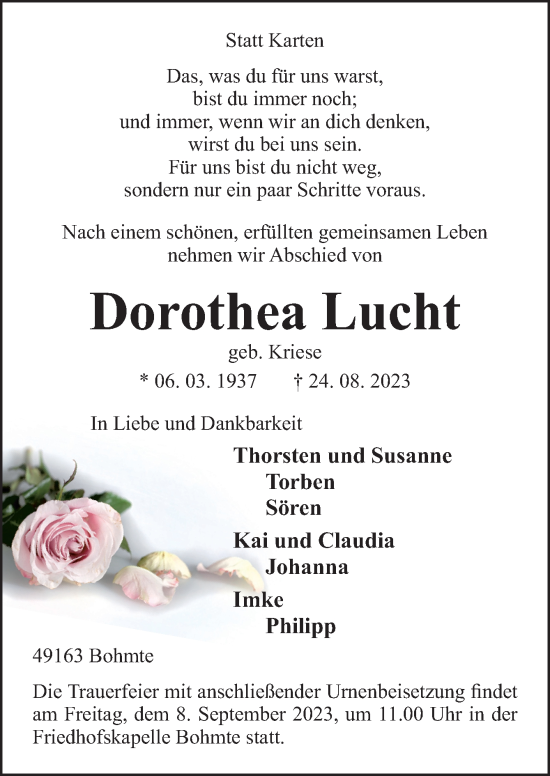 Traueranzeige von Dorothea Lucht von Neue Osnabrücker Zeitung GmbH & Co. KG