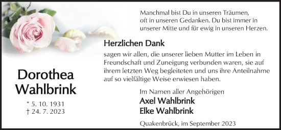 Traueranzeige von Dorothea Wahlbrink von Neue Osnabrücker Zeitung GmbH & Co. KG