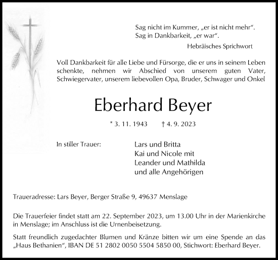 Traueranzeige von Eberhard Beyer von Neue Osnabrücker Zeitung GmbH & Co. KG