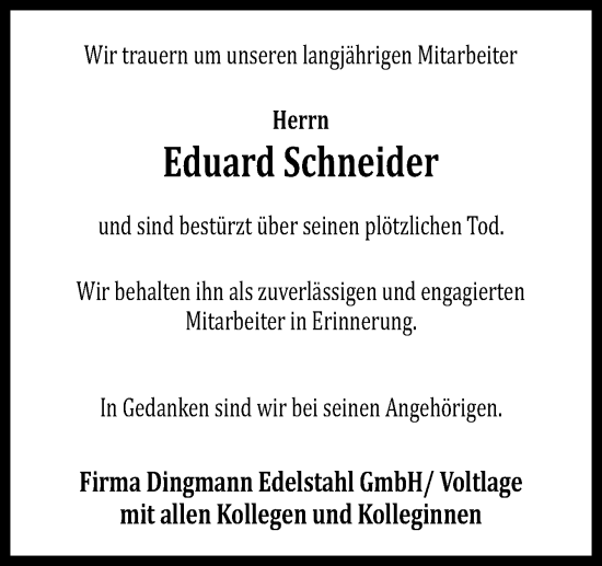 Traueranzeige von Eduard Schneider von Neue Osnabrücker Zeitung GmbH & Co. KG