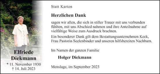 Traueranzeige von Elfriede Diekmann von Neue Osnabrücker Zeitung GmbH & Co. KG