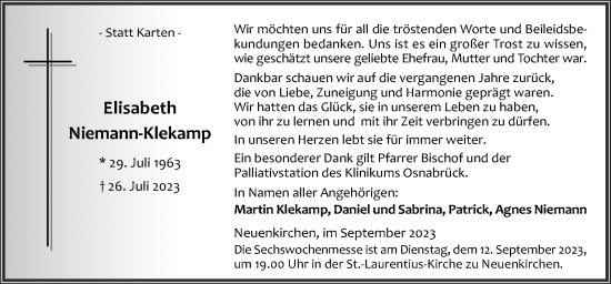 Traueranzeige von Elisabeth Niemann-Klekamp von Neue Osnabrücker Zeitung GmbH & Co. KG