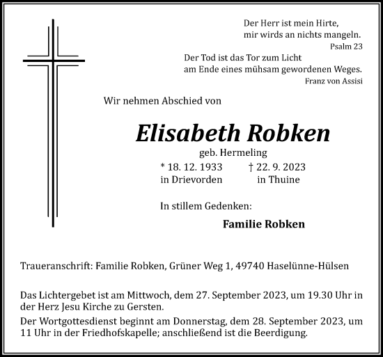 Traueranzeige von Elisabeth Robken von Neue Osnabrücker Zeitung GmbH & Co. KG