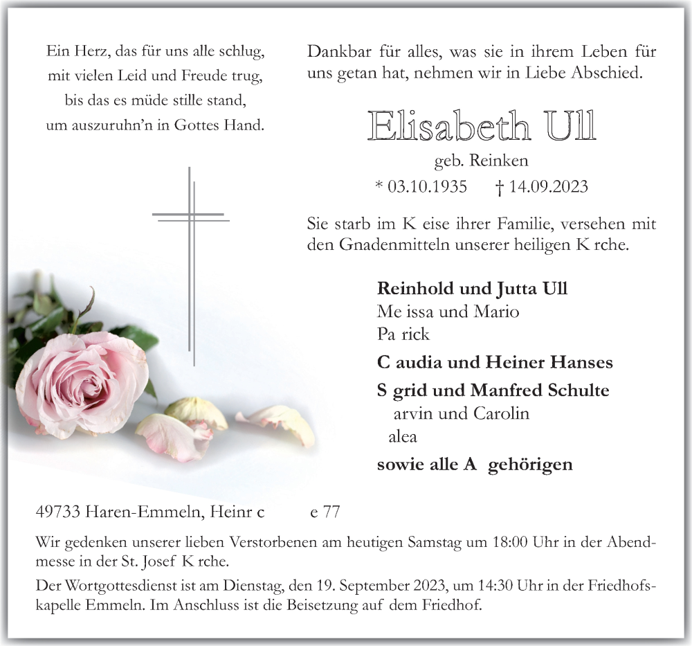  Traueranzeige für Elisabeth Ull vom 16.09.2023 aus Neue Osnabrücker Zeitung GmbH & Co. KG