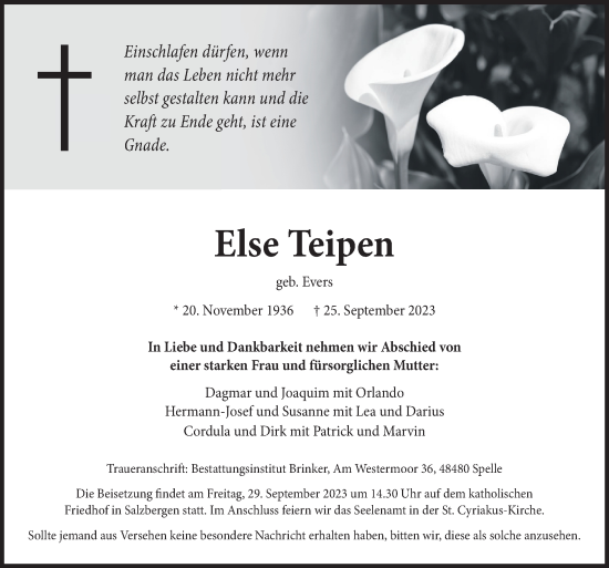 Traueranzeige von Else Teipen von Neue Osnabrücker Zeitung GmbH & Co. KG