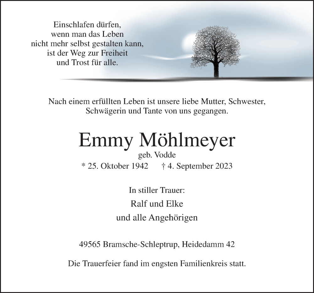  Traueranzeige für Emmy Möhlmeyer vom 13.09.2023 aus Neue Osnabrücker Zeitung GmbH & Co. KG