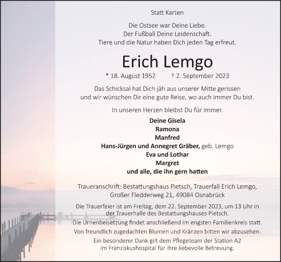 Traueranzeige von Erich Lemgo von Neue Osnabrücker Zeitung GmbH & Co. KG