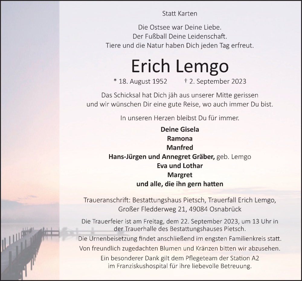  Traueranzeige für Erich Lemgo vom 09.09.2023 aus Neue Osnabrücker Zeitung GmbH & Co. KG