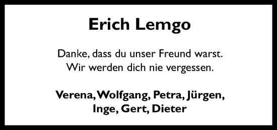 Traueranzeige von Erich Lemgo von Neue Osnabrücker Zeitung GmbH & Co. KG