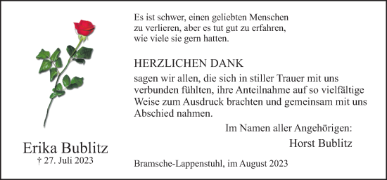 Traueranzeige von Erika Bublitz von Neue Osnabrücker Zeitung GmbH & Co. KG