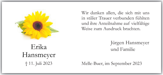 Traueranzeige von Erika Hansmeyer von Neue Osnabrücker Zeitung GmbH & Co. KG