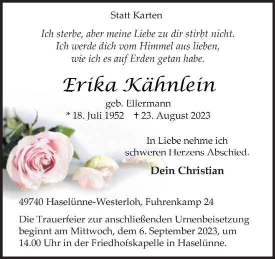 Traueranzeige von Erika Kähnlein von Neue Osnabrücker Zeitung GmbH & Co. KG