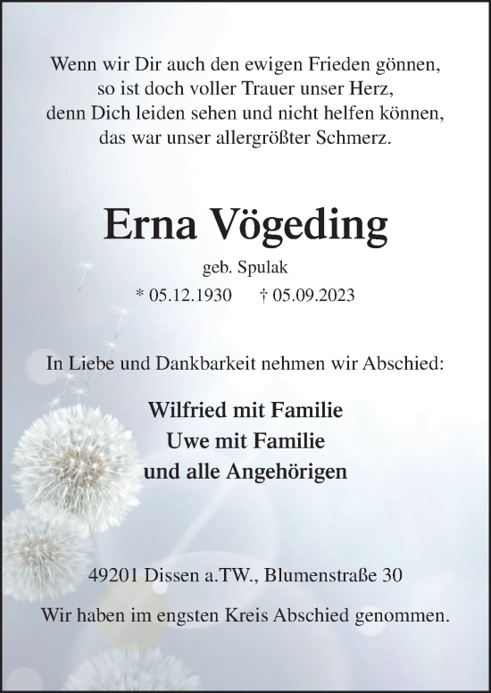 Traueranzeige von Erna Vögeding von Neue Osnabrücker Zeitung GmbH & Co. KG