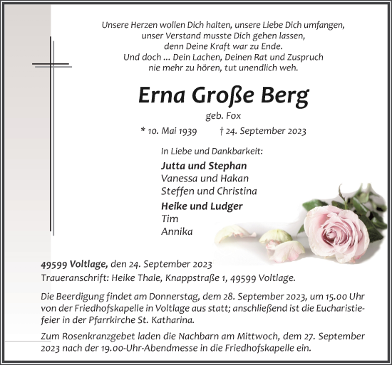 Traueranzeige von Erna Große Berg von Neue Osnabrücker Zeitung GmbH & Co. KG