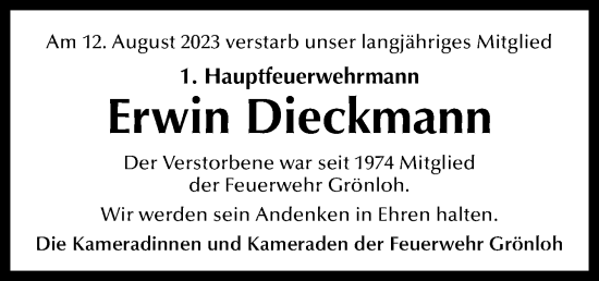 Traueranzeige von Erwin Dieckmann von Neue Osnabrücker Zeitung GmbH & Co. KG