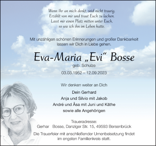 Traueranzeige von Eva-Maria Bosse von Neue Osnabrücker Zeitung GmbH & Co. KG