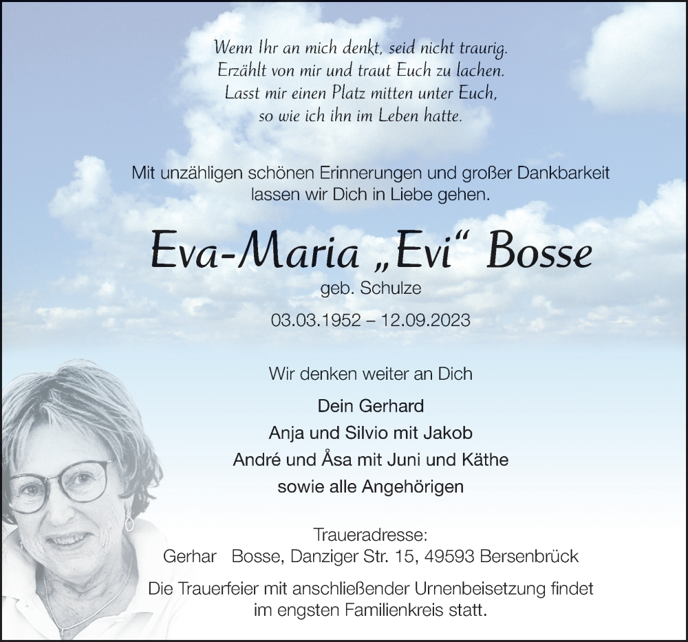  Traueranzeige für Eva-Maria Bosse vom 16.09.2023 aus Neue Osnabrücker Zeitung GmbH & Co. KG