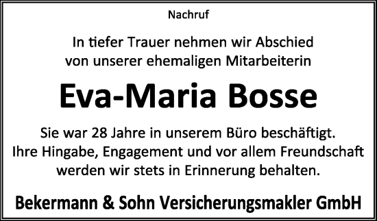 Traueranzeige von Eva-Maria Bosse von Neue Osnabrücker Zeitung GmbH & Co. KG