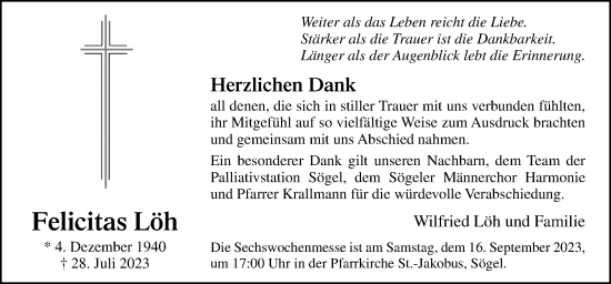 Traueranzeige von Felicitas Löh von Neue Osnabrücker Zeitung GmbH & Co. KG