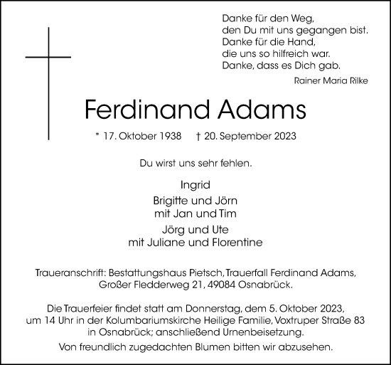 Traueranzeige von Ferdinand Adams von Neue Osnabrücker Zeitung GmbH & Co. KG