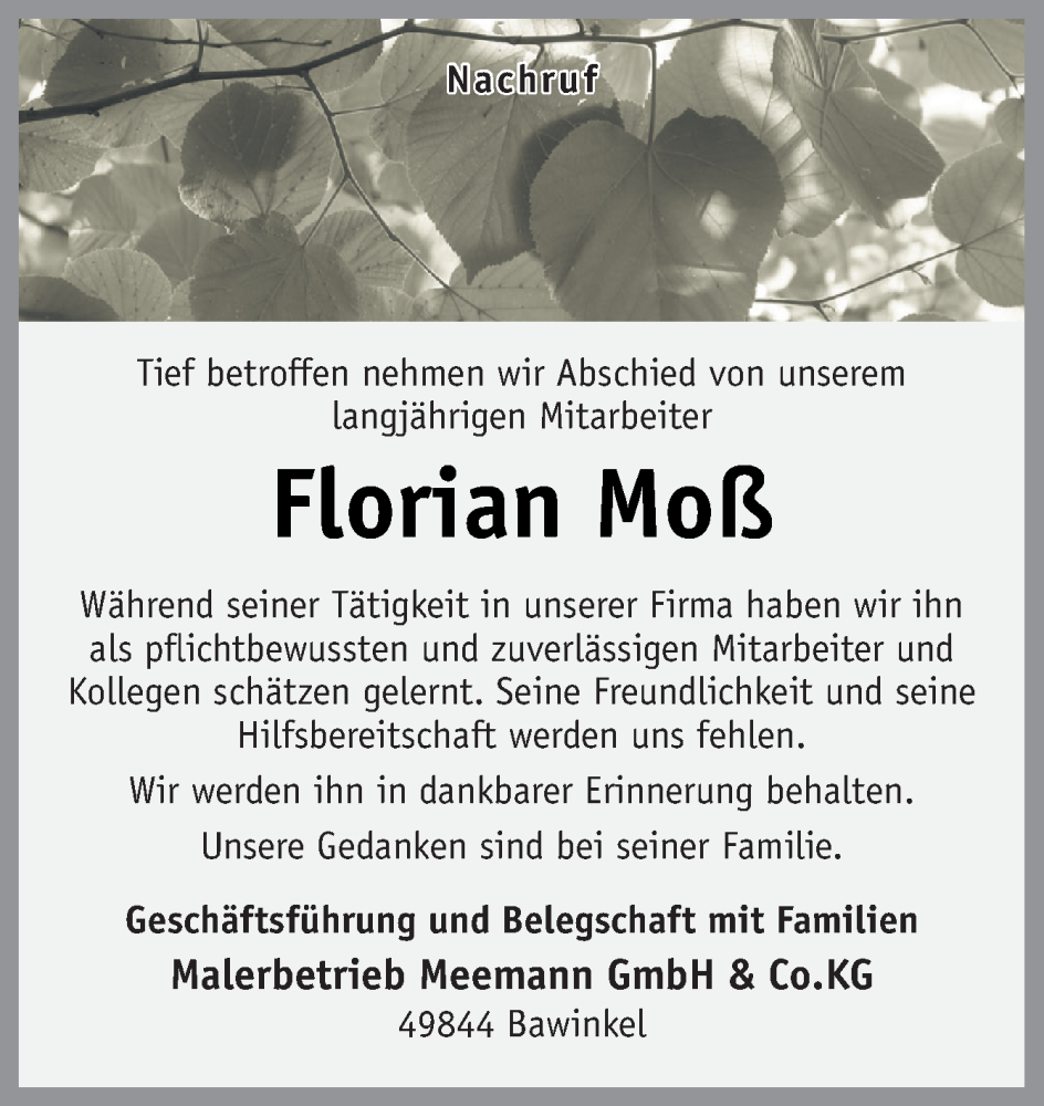  Traueranzeige für Florian Moß vom 14.09.2023 aus Neue Osnabrücker Zeitung GmbH & Co. KG