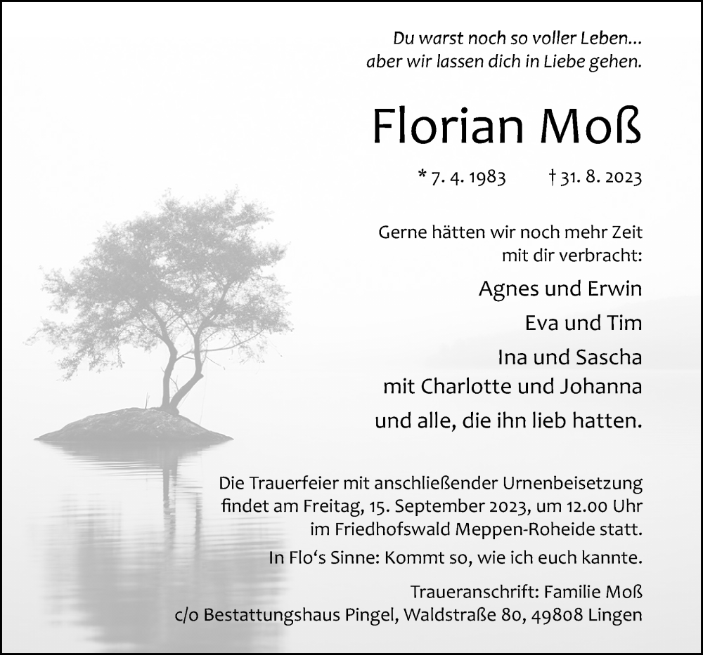  Traueranzeige für Florian Moß vom 09.09.2023 aus Neue Osnabrücker Zeitung GmbH & Co. KG
