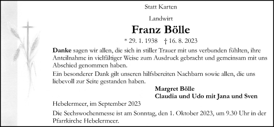 Traueranzeige von Franz Bölle von Neue Osnabrücker Zeitung GmbH & Co. KG
