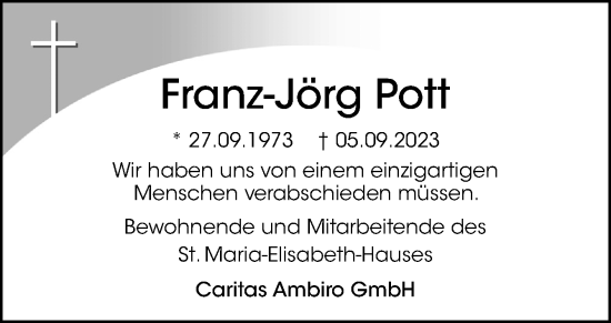 Traueranzeige von Franz-Jörg Pott von Neue Osnabrücker Zeitung GmbH & Co. KG