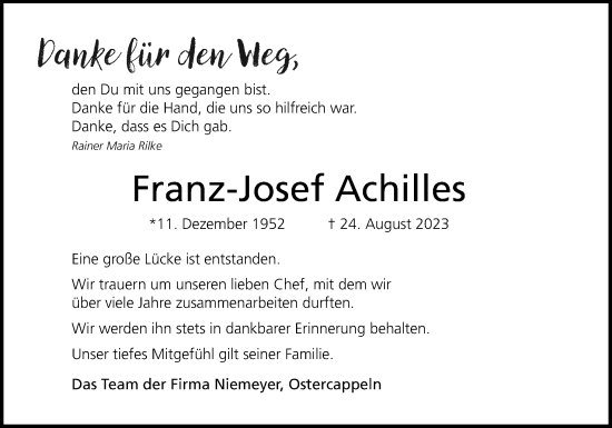 Traueranzeige von Franz-Josef Achilles von Neue Osnabrücker Zeitung GmbH & Co. KG