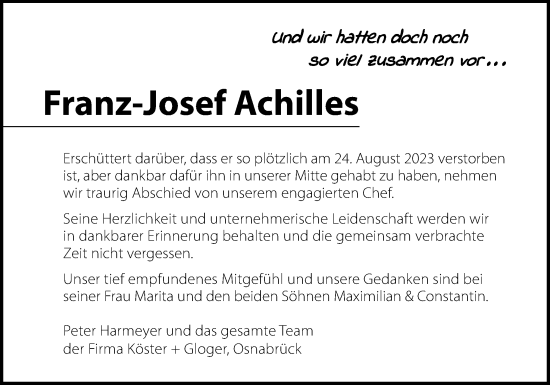 Traueranzeige von Franz-Josef Achilles von Neue Osnabrücker Zeitung GmbH & Co. KG