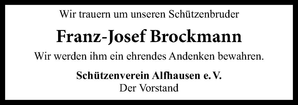  Traueranzeige für Franz-Josef Brockmann vom 01.09.2023 aus Neue Osnabrücker Zeitung GmbH & Co. KG