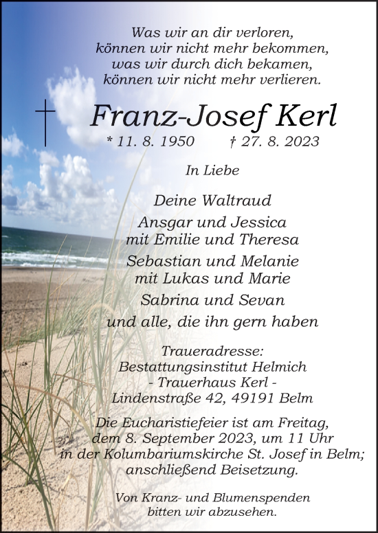 Traueranzeige von Franz-Josef Kerl von Neue Osnabrücker Zeitung GmbH & Co. KG