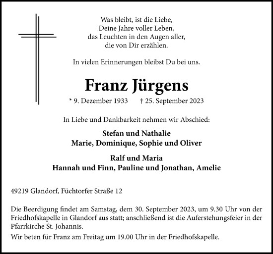 Traueranzeige von Franz Jürgens von Neue Osnabrücker Zeitung GmbH & Co. KG