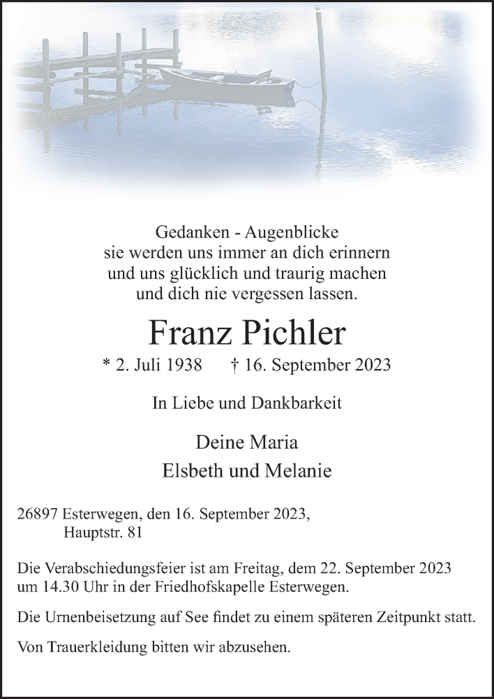  Traueranzeige für Franz Pichler vom 19.09.2023 aus Neue Osnabrücker Zeitung GmbH & Co. KG