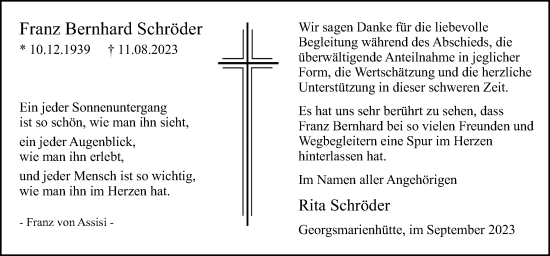 Traueranzeige von Franz Bernhard Schröder von Neue Osnabrücker Zeitung GmbH & Co. KG