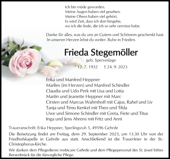 Traueranzeige von Frieda Stegemöller von Neue Osnabrücker Zeitung GmbH & Co. KG
