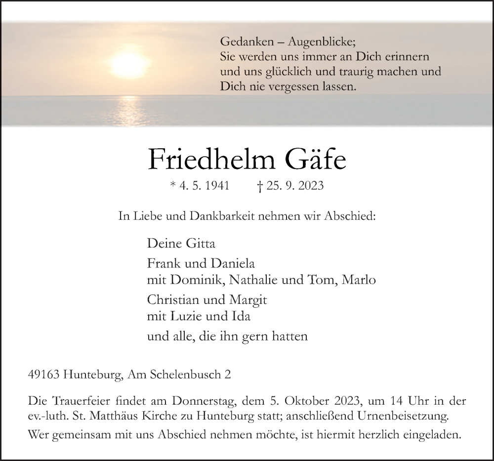  Traueranzeige für Friedhelm Gäfe vom 30.09.2023 aus Neue Osnabrücker Zeitung GmbH & Co. KG